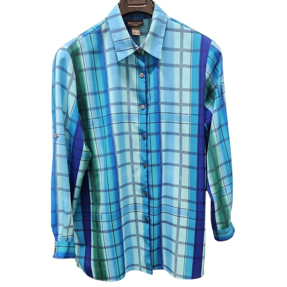 Notations Womens 1X Blue Plaid Button Front Blouse Long Sleeve Career Top Plus
